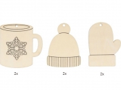Drevené vianočné výrezy 10 cm – hrnček, čiapka a rukavica, sada 6 ks (FSC drevo)