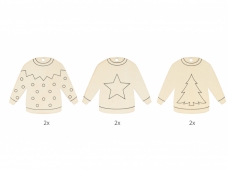 Drevené vianočné výrezy 10 cm – svetre sada 6 ks (FSC drevo, na zavesenie)