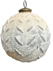 Sklenená vianočná guľa XL biela patina Ø 12 cm – veľká vintage ozdoba