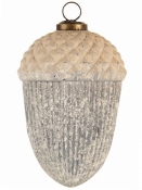 Sklenená vianočná guľa žaluď biela patina Ø 10×14 cm – veľká vintage ozdoba