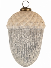 Sklenená vianočná guľa žaluď biela patina Ø 10×14 cm – veľká vintage ozdoba