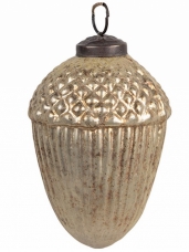 Sklenená vianočná guľa žaluď zlatá patina 7×10 cm – vintage ozdoba na jutovom špagáte