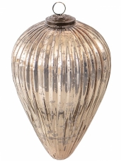 Sklenená vianočná guľa XXL zlatá patina 13×20 cm – elegantná vintage ozdoba na jutovom špagáte