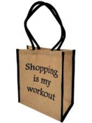 Jutová nákupná taška s čiernymi rúčkami a nápisom Shopping is my workout – 40 × 35 × 20 cm