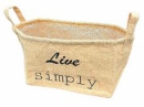 Jutový podlhovastý košík s uškami a nápisom Live simply – 50 × 33 × 22 cm
