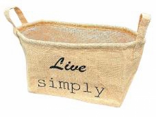 Jutový podlhovastý košík s uškami a nápisom Live simply – 50 × 33 × 22 cm