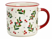 Porcelánový hrnček s vianočným motívom – bielo-červený s vetvičkami a bobuľkami, 355 ml