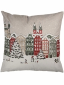 Vianočná obliečka na vankúš Mestečko 45×45 cm – béžová s motívom zimného mesta