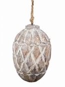 Vintage drevená vianočná guľa Žaluď Ø8×12 cm – v prírodnom a vidieckom štýle, s bielou patinou a zlatým dotykom