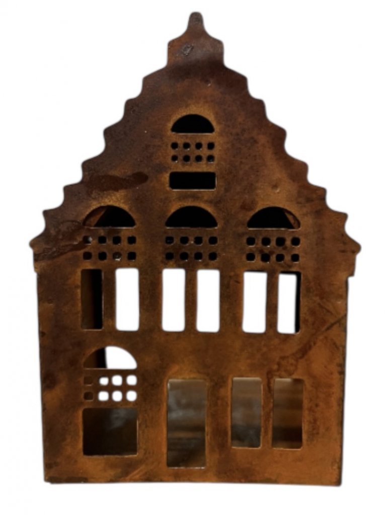 Kovový svietnik domček 11 cm – korténový, hrdzavý efekt