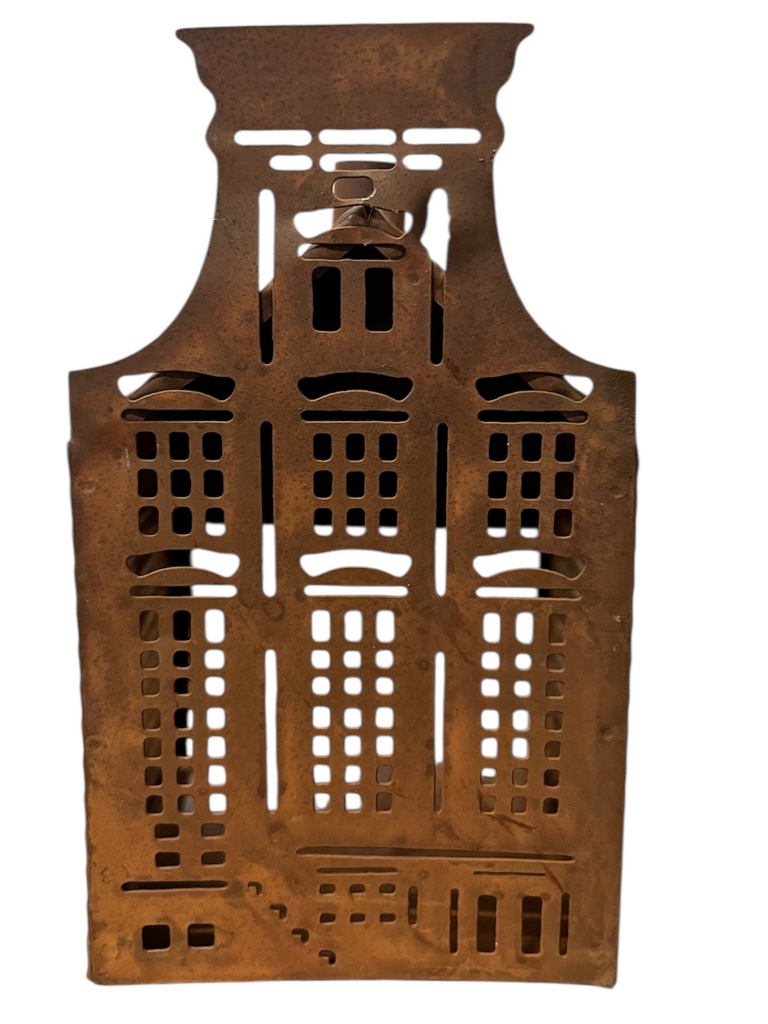 Kovový svietnik domček 12 cm – korténový, hrdzavý efekt