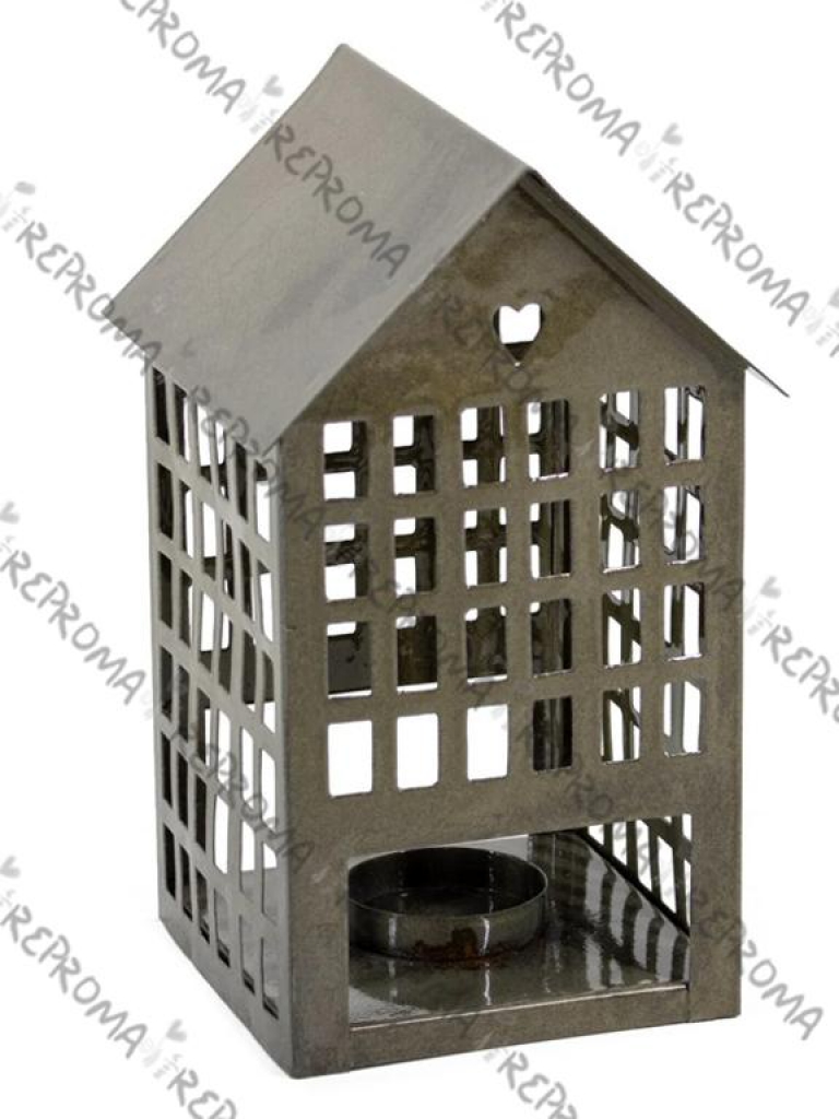 Kovový svietnik domček 17 cm - olivový