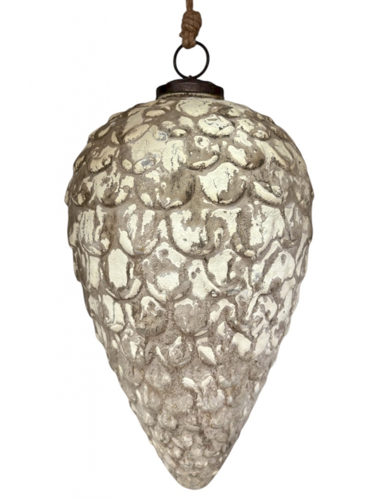 Sklenená vianočná ozdoba XXL šiška biela patina 25 cm – veľká vintage dekorácia na jutovom špagáte